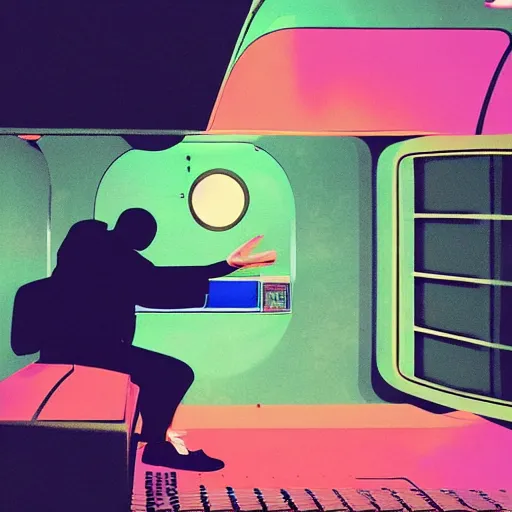 Prompt: lofi vaporwave retro futurism album artwork underground unknown artist sitting on a train