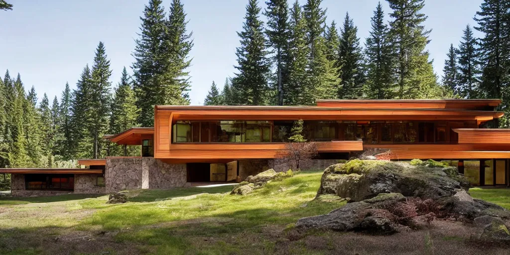 Prompt: very large modern lodge residence, pacific northwest, concrete and cedar, many large windows, designed by frank lloyd wright