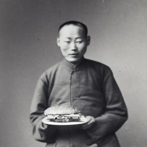 Image similar to a photo of a happy man from qing empire holding and eating a hamburger, award winning photo, high quality, 1 9 century photo, highly detailed, black and white