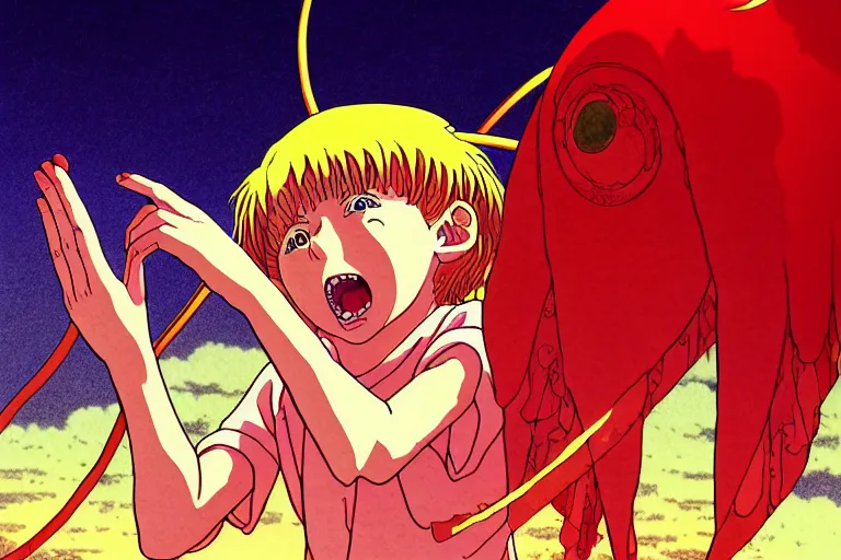 Prompt: digital illustration of a horrified child performing a ritual to summon a powerful demon, clean lines, extreme detail, cel - shaded anime key visual in the style of moebius, ayami kojima, 9 0's anime, retro fantasy, studio ghibli, studio trigger
