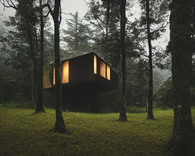 Image similar to an exquisite wooden house in the middle of a lush forest, minimalist design, architectural photography, dark and dim lighting, beautiful, tranquil, moody, cinematic, fantasy, 3 5 mm lens, volumetric lighting, first person view, photographic render, hyper realistic