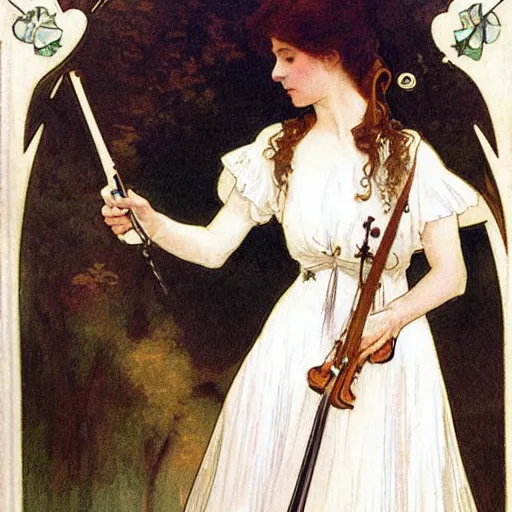 Prompt: A young edwardian woman wearing a white dress, holding a violin in her hands, in the style of mucha