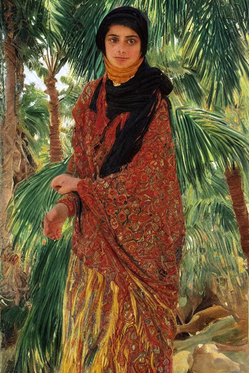 Image similar to a bakhtiari girl with golden detailed scarf set on a detailed persian carpet, tree palms in background, painting by john singer sargent