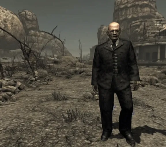 Image similar to Old Janusz Korwin-Mikke in the centre of a screenshot from the game Fallout: New Vegas (2010)