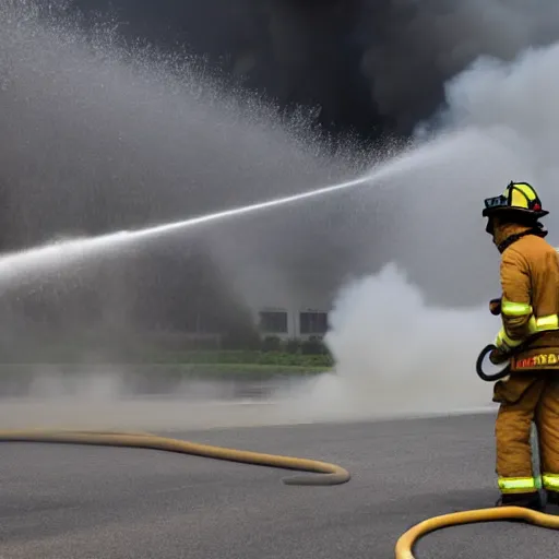 Prompt: Firefighters spraying firehose that only sprays gasoline on to a fire resulting in a massive explosion.