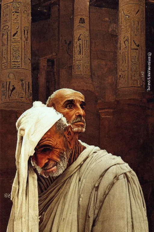 Prompt: a closer personal portrait of a a very old egyptian temple priest with very piercing eyes, very charismatic. in the old ancient temple of luxor. masterpiece, dark. painted by norman rockwell and james gurney