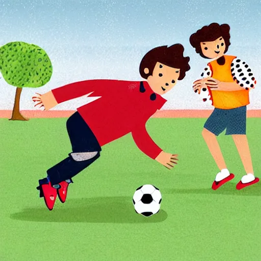 Prompt: illustration of french boy in paris playing football against a corgi who is wearing a polka dot scarf