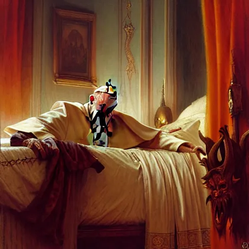 Image similar to the pope wakes up is his bed, sweating, nervous, terrified, because a double horned shadow demon lurks in the wall of the papal bedroom. highly detailed painting by gaston bussiere, j. c. leyendecker, greg rutkowski, craig mullins 8 k