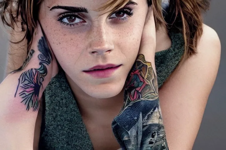 Image similar to emma watson, dope tattoo, hyperrealistic