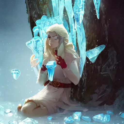 Prompt: a fantasy elf woman trapped and frozen trying to get out of a block of clear ice, with frozen flowers around her, artstation, greg rutkowski