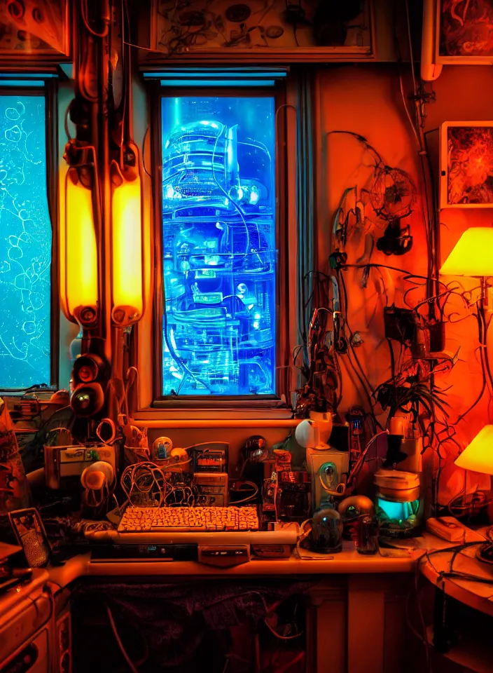 Image similar to telephoto 7 0 mm f / 2. 8 iso 2 0 0 photograph depicting the feeling of chrysalism in a cosy cluttered french sci - fi ( ( art nouveau ) ) cyberpunk apartment in a dreamstate art cinema style. ( ( computer screens, window rain, lava lamp, sink ( ( ( fish tank ) ) ) ) ), ambient light.