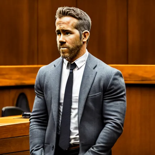 Image similar to ryan reynolds on trial in a courtroom, highly detailed, extremely high quality, hd, 4 k, 8 k, professional photographer, 4 0 mp, lifelike, top - rated, award winning, realistic, detailed lighting, detailed shadows, sharp, no blur, edited, corrected, trending