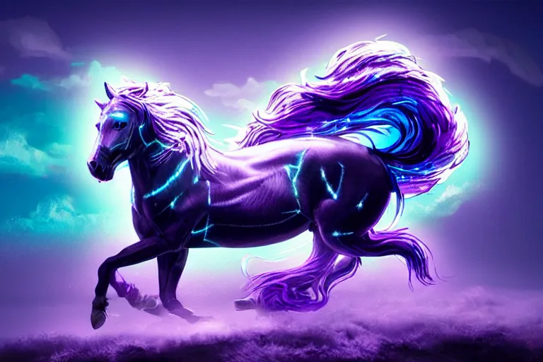 Image similar to a stunning horse with bioluminescent mane and tail running in the clouds by sandra chevrier and greg rutkowski, purple blue color scheme, celtic neon runes, vaporware, retro, outrun, high key lighting, volumetric light, digital art, highly detailed, fine detail, intricate, ornate, complex, octane render, unreal engine, photorealistic