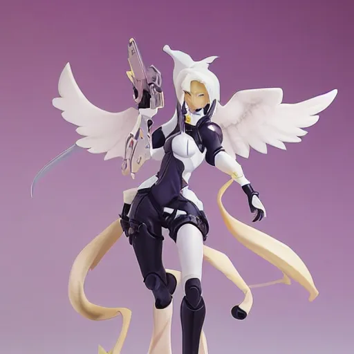 Prompt: still figurine of mercy from overwatch, statue, personification, dynamic pose, amazing details, detailed product photo, official art, featured on pixiv, 8 5 mm, f. 1 4, beautiful composition, anime