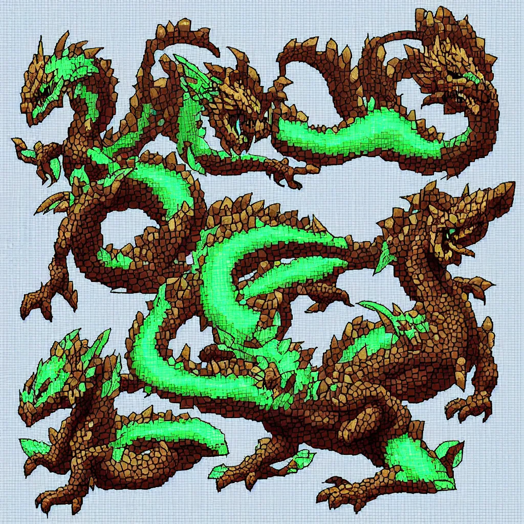 Prompt: pixelated dragon inspired by ragnarok online, 1 2 8 bit, 1 0 0 0 x 1 0 0 0 pixel art, 4 k, super detailed, nintendo game, pixelart, high quality, no blur, sharp geometrical squares, concept pixelart