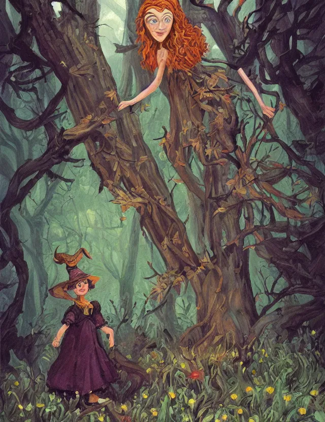 Prompt: witch of the lichen woods. this heavily stylized oil painting by the beloved children's book illustrator has an interesting color scheme, plenty of details and impeccable lighting.