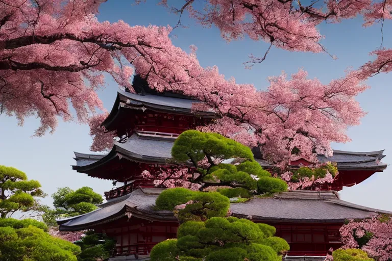 Image similar to concept art, japanese blossom trees scene, pagoda, cinematic