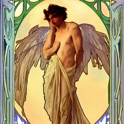 Image similar to ultra realistic illustration of young winged boy angel, detailed, full body, male body, full body, elegant study, art nouveau poster by alphonse mucha