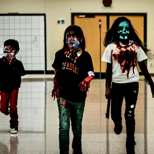 Prompt: zombie kids hunts their teacher in the school floor, cinematic, taken on a nikon, sharp focus, 4 k