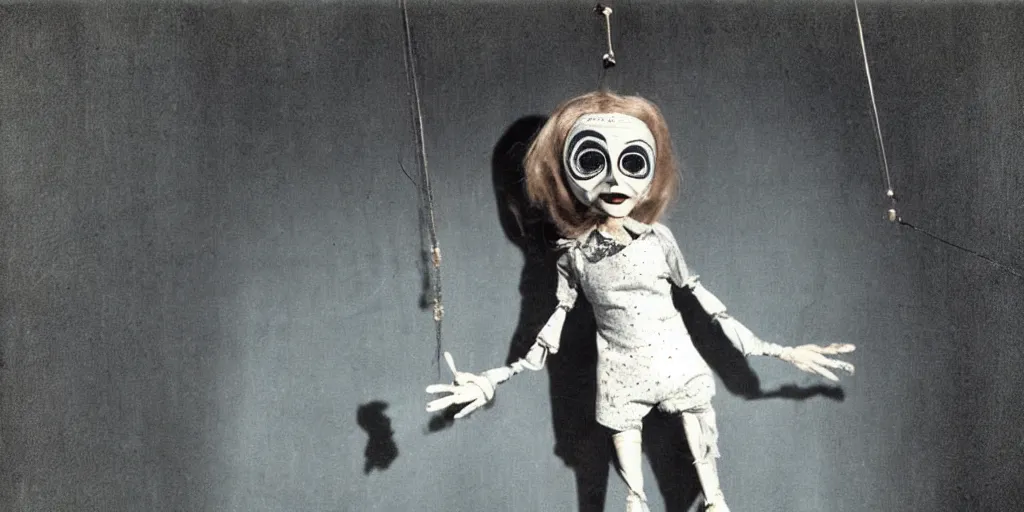 Image similar to 1 9 7 0 s female alive, eerie, creepy masked marionette puppet, unnerving, clockwork horror, pediophobia, lost photograph, dark, forgotten, final photo found before disaster, realistic, polaroid,