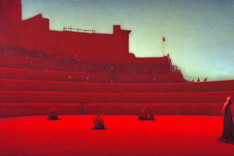 Image similar to only with red, a red great emperor, taormina amphitheatre, crowd with big smile, in the style of beksinski, parts by edward hopper, parts by rodcenko, parts by yue minjun, intricate and epic composition, red by caravaggio, insanely quality, highly detailed, masterpiece, red light, artstation, 4 k