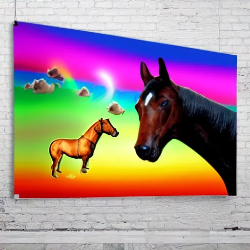 Prompt: A dog riding a horse riding a mammooth flying over a rainbow colored beer vulcano ultrarrealistic 4k -n 5