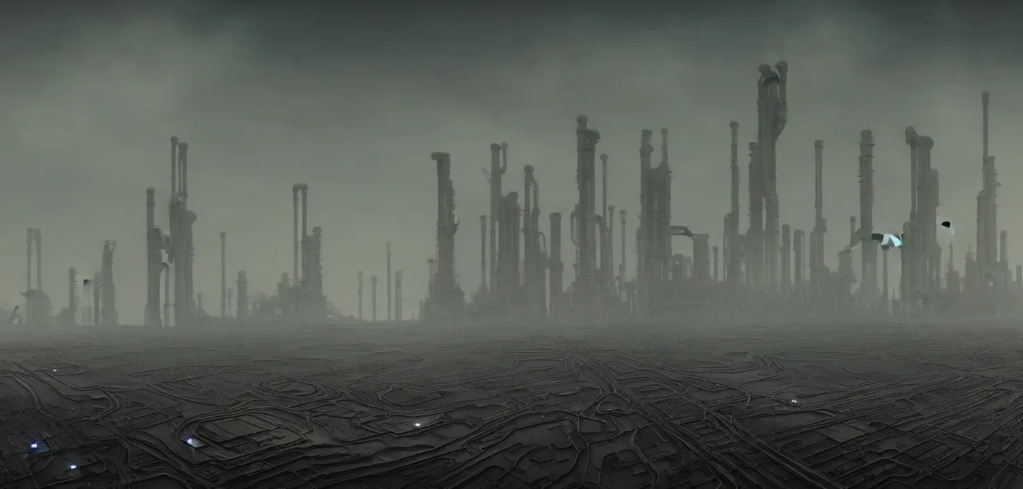 Prompt: polluted industrial alien landscape, smoke, soot, cinematic, detailed, epic, widescreen, opening, establishing, mattepainting, photorealistic, realistic textures, octane render, hr giger and vincent di fate, vivid color scheme, featured in artstation, octane render, cinematic, elegant, intricate, 8 k