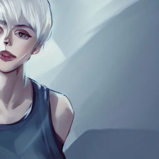 Image similar to portrait of a feminine young man with short white hair, bedhead, wearing a gray t shirt, dramatic lighting, illustration by Rossdraws, professional portfolio, 4k, digital art, concept art, trending on artstation