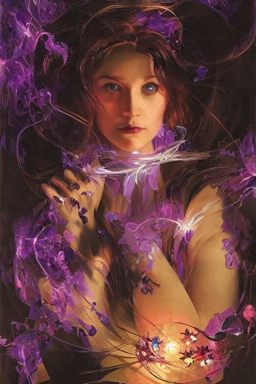 Image similar to she dreams of arcs of purple flame intertwined with glowing sparks, glinting particles of ice, dramatic lighting, steampunk, secret holographic cyphers, red flowers, bright neon solar flares, high contrast, smooth, sharp focus, art nouveau, painting by Caravaggio and Daytoner and ruan jia and greg rutkowski and Alphonse Mucha