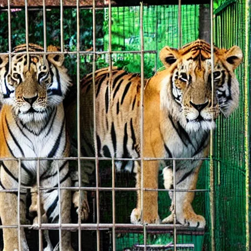 Image similar to lion and a tiger roaring in cage at the zoo wearing a hat