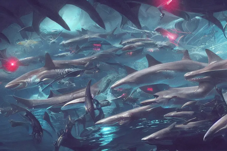 Image similar to a hyper detailed tarot card of a shiver of freaking sharks with freaking laser beams on their heads, neon outline, swarm of sci fi sharks, concept art, 8 k, artstation, art by greg rutkowski, pixiv