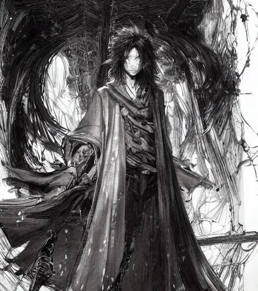 Prompt: portrait of anime man with long hair wearing a dark robe, pen and ink, intricate line drawings, by craig mullins, ruan jia, kentaro miura, greg rutkowski, loundraw