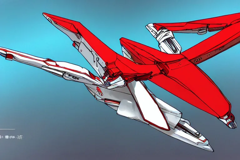 Prompt: a pteranodon mecha fighter, red and white robotech styling with Kanji markings, boeing concept art