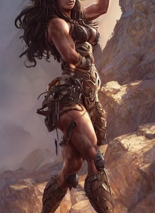 Image similar to very muscled Amazon Mila Kunis as a ruggedly mean looking heroine, intricate, elegant, highly detailed, centered, digital painting, artstation, concept art, smooth, sharp focus, illustration, art by artgerm and donato giancola and Joseph Christian Leyendecker, WLOP