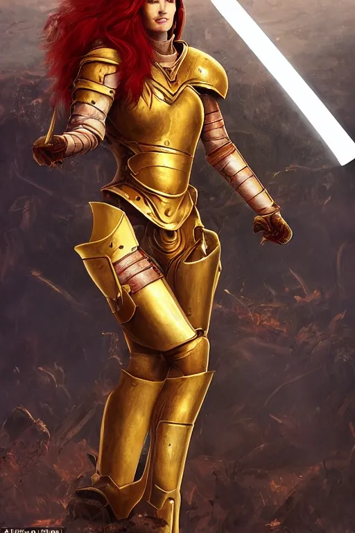 Image similar to a tall, red - haired female knight wearing golden armor and a right golden prosthetic arm, longer than her left arm. she wields a long golden blade