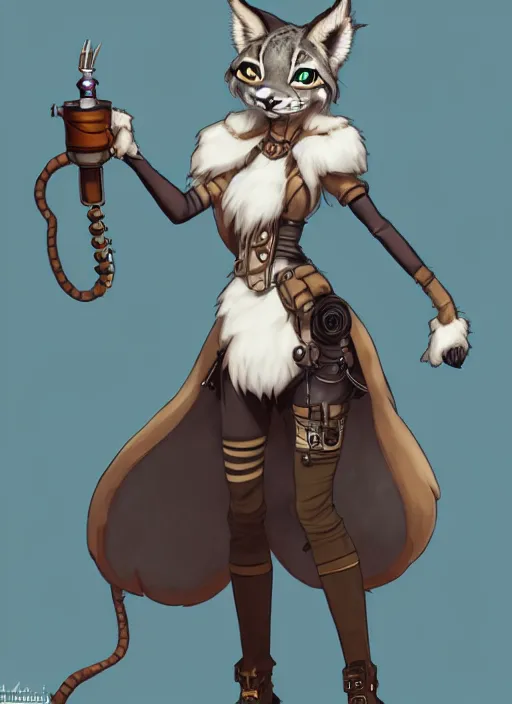 Prompt: wide angle beautiful full body portrait of a strong female anthropomorphic anthro lynx fursona wearing a steampunk dress. character design by disney, anime, manga, charlie bowater, ross tran, artgerm, and makoto shinkai, detailed, soft lighting, rendered in octane, white fur