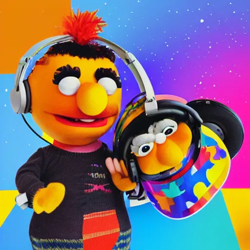 Image similar to svg sticker of a Pop-Wonder Bert&Ernie, Sesame-Street, at a rave, spinning records, giant headphones rocking out, wearing headphones, huge speakers, dancing, rave, DJ, spinning records, digital art, amazing composition, rule-of-thirds, award-winning, trending on artstation, featured on deviantart