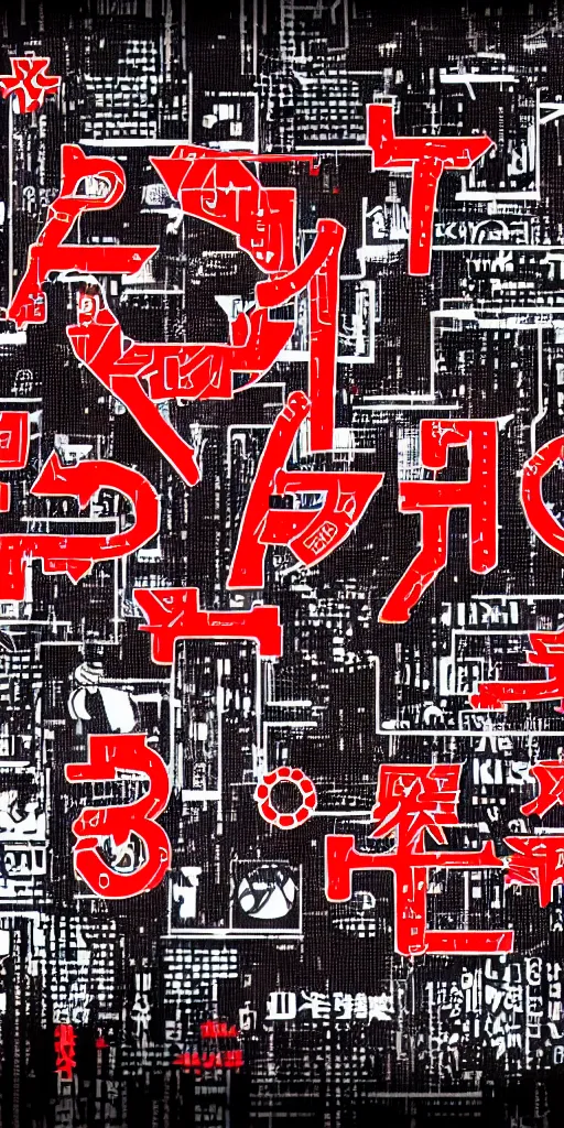 Image similar to a photo of a banner with symbols, cyberpunk logos of megacorporations, kanji and symbols, black white red, sci fi font, graphic design, 8 k, innate studio