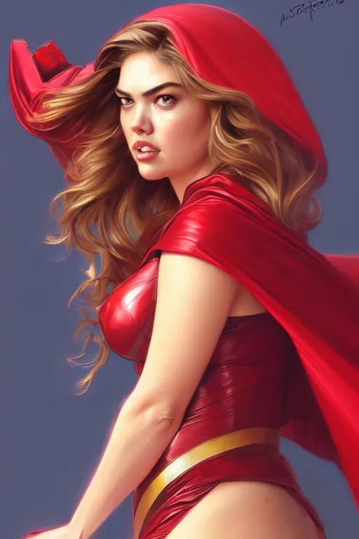Image similar to kate upton as scarlet witch, realistic portrait, symmetrical, highly detailed, digital painting, artstation, concept art, smooth, sharp focus, illustration, cinematic lighting, art by artgerm and greg rutkowski and alphonse mucha