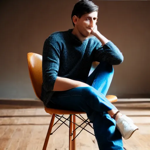 Prompt: full body photo of young man sitting on chair, perfect face, fine details, bokeh