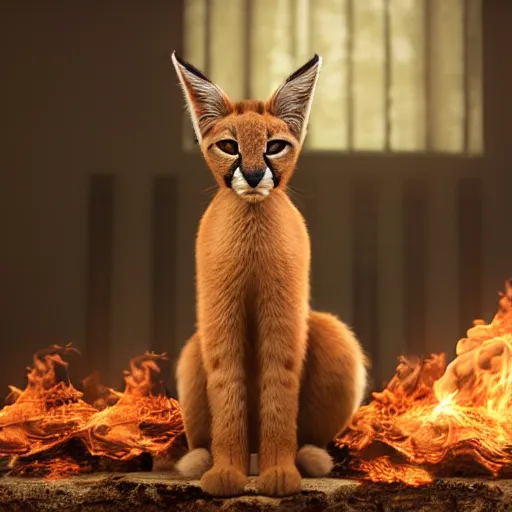 Image similar to wide-angle photo of cute caracal sitting on a wooden chair in a room, flames of fire at background, octane render, 3d, 8k , hd, studio light
