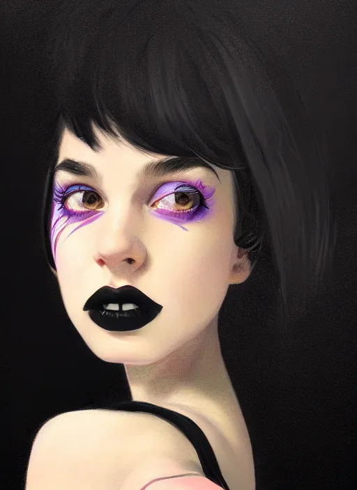 Prompt: portrait of a teen girl with a crooked nose and a confident expression, 1 9 6 0 s, black clothes, goth, punk, brightly coloured hair, funk, intricate, elegant, highly detailed, digital painting, artstation, concept art, smooth, sharp focus, illustration, art by wlop, mars ravelo and greg rutkowski