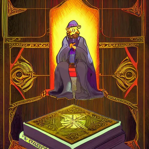 Prompt: wizard performing a tarot reading, cards, fantasy, digital art, soft lighting, 8 k