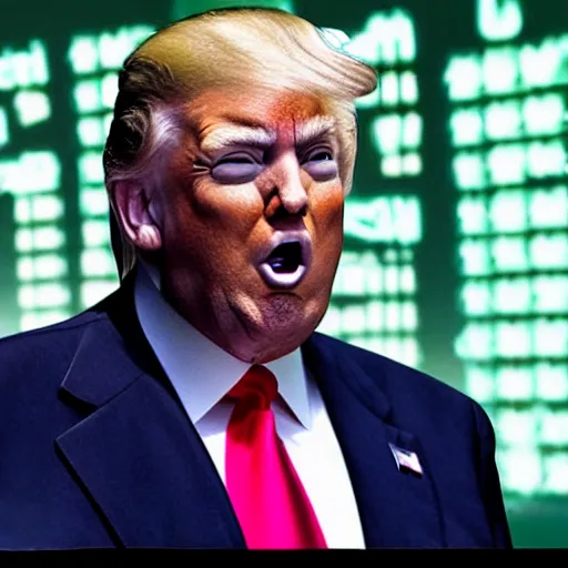 Prompt: donald trump being a hacker, hacking into the mainframe, wearing sunglasses and a dark coat in a dark room