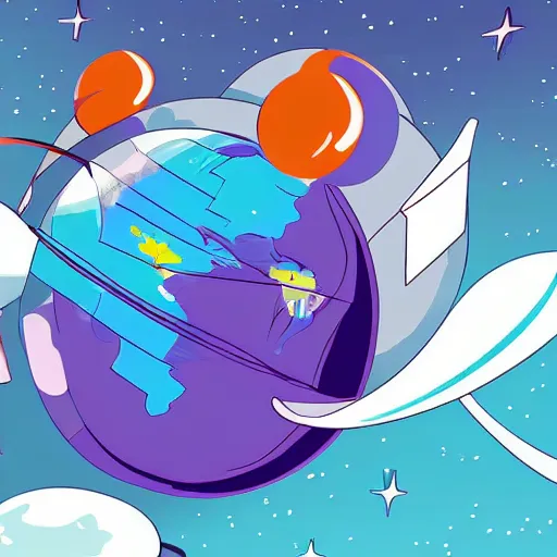 Image similar to cartoon illustration of a bear mascot being launched from a futuristic marble planet, purple and orange cloudland