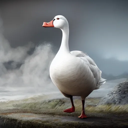 Prompt: the antropomorphic white goose detective gusten skoog, matte painting, smoke, 4 k, concept art, full body shot