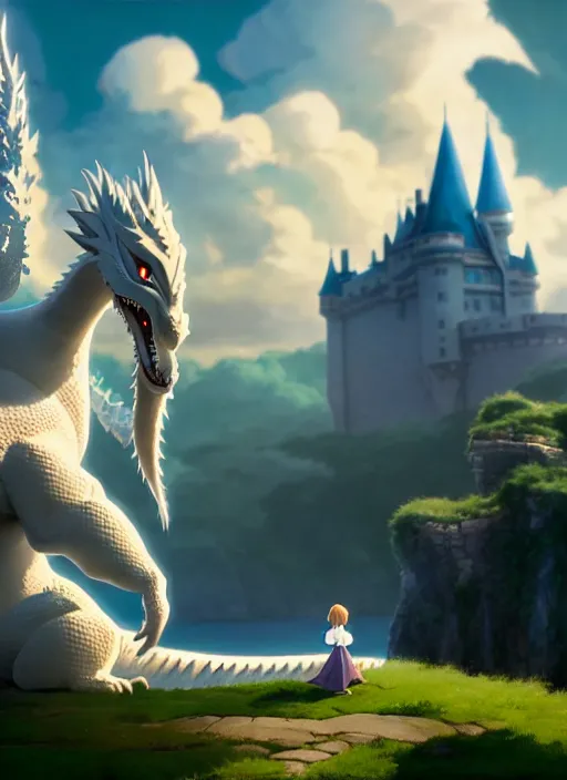 Image similar to a wholesome animation key shot of a white dragon, castle in the background, studio ghibli, pixar and disney animation, sharp, rendered in unreal engine 5, anime key art by greg rutkowski, bloom, dramatic lighting