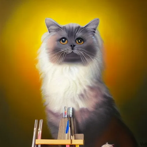 Image similar to oil painting portrait of a beautiful seal bicolor ragdoll cat wearing an artist smock and beret holding a paint palette with easel in front of the cat, sunset background, digital art, concept art, highly detailed, 3-D 4k, trending on art station, Mark Brooks,