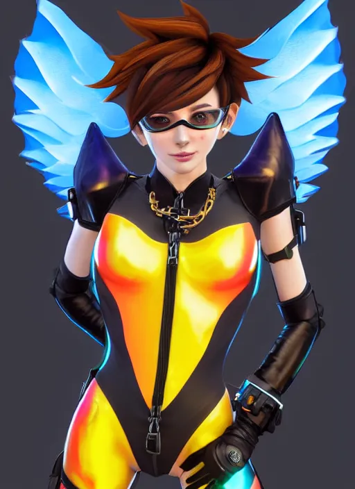 Image similar to portrait bust digital artwork of tracer overwatch, wearing iridescent rainbow latex and leather straps catsuit outfit, 4 k, expressive happy whistling face, makeup, in style of mark arian, angel wings, wearing detailed leather collar, chains, black leather harness, detailed face and eyes,