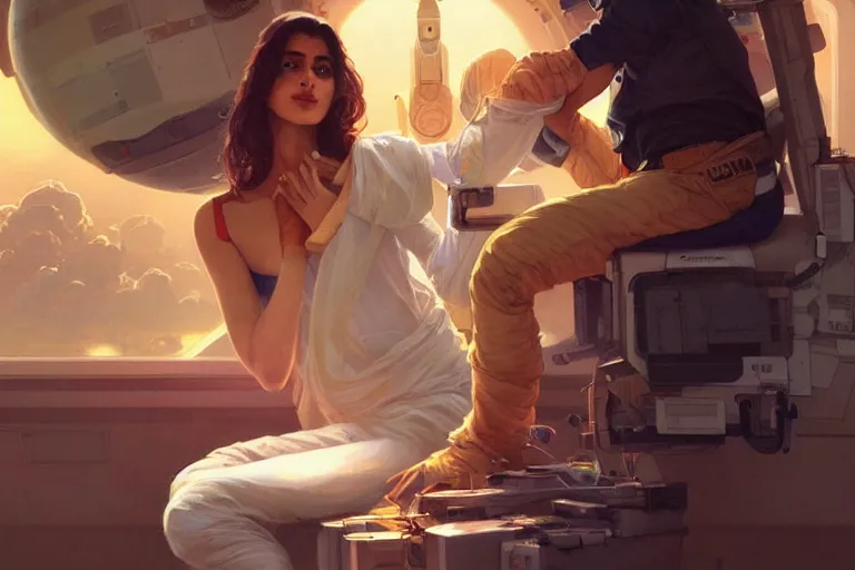 Image similar to Sensual good looking pale young Indian doctors wearing jeans in a space station above Earth performing surgery, portrait, elegant, intricate, digital painting, artstation, concept art, smooth, sharp focus, illustration, art by artgerm and greg rutkowski and alphonse mucha